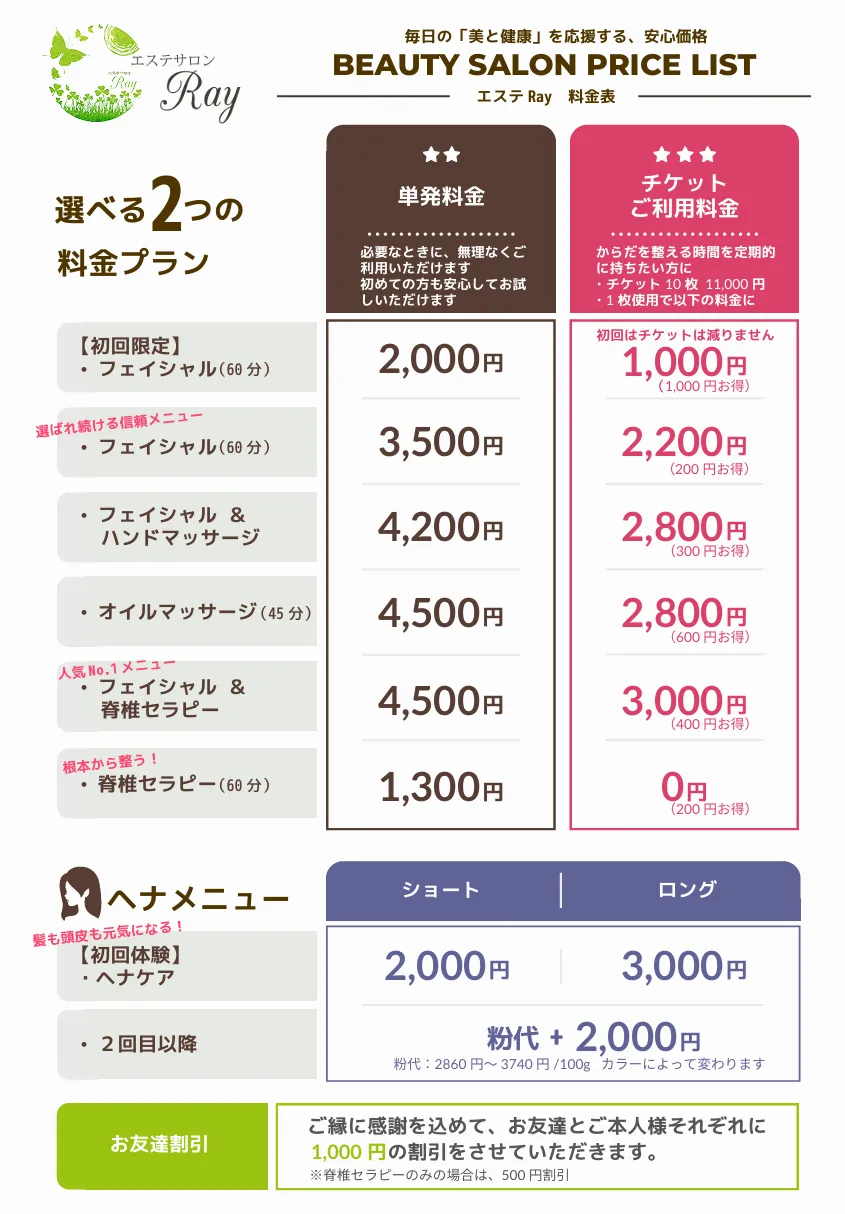 メニューと料金表